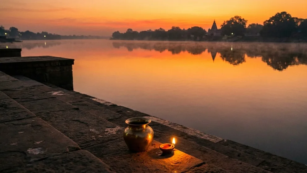 Sunrise over a calm river, with a brass lota and a lit diya on the ghat steps