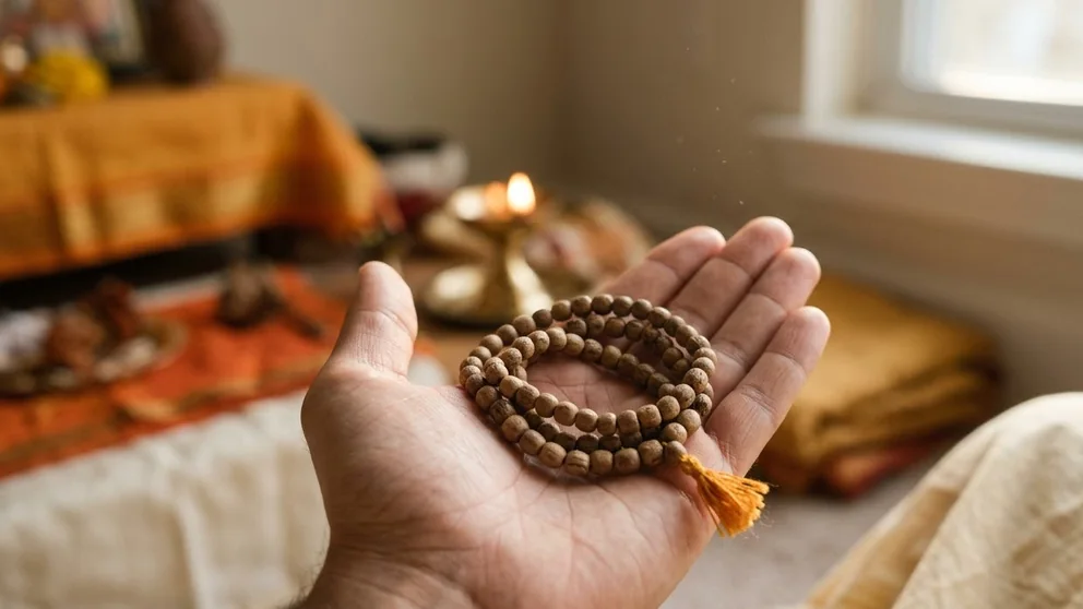 A tulsi japa mala resting in an open palm, with a lit diya in the background