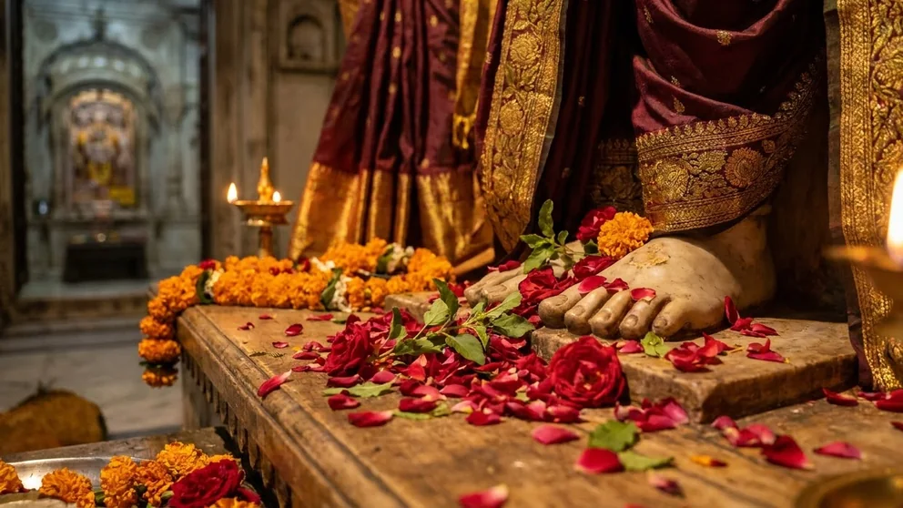 Rose petals, marigolds and tulsi leaves offered at the feet of a deity on a temple altar
