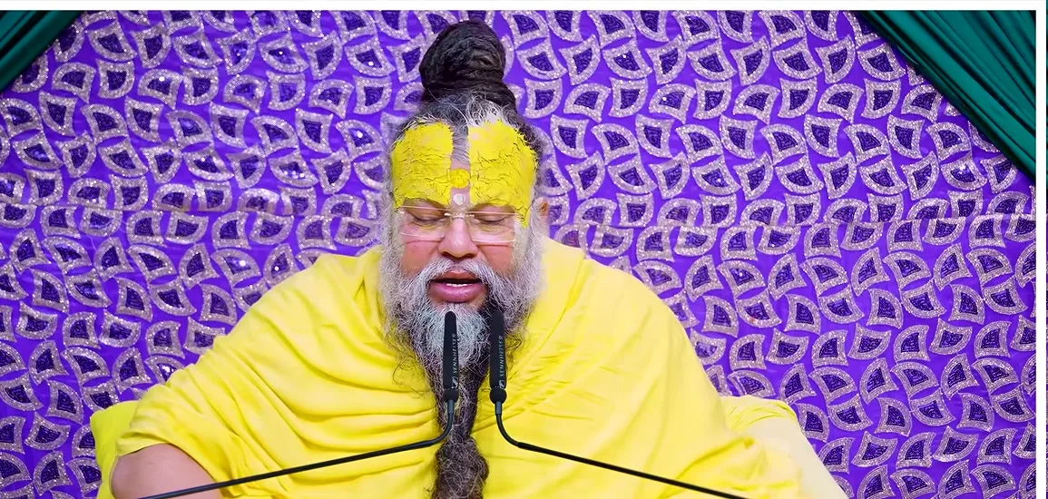 Premanand Ji Maharaj a calm seated portrait before a purple backdrop
