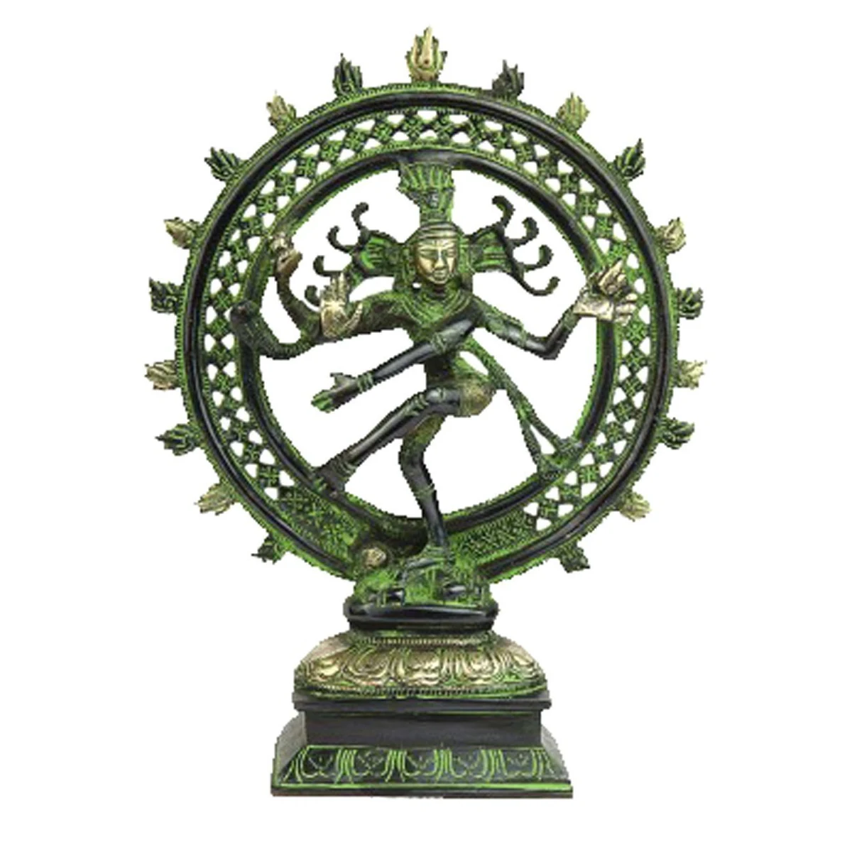 Brass Nataraja murti, green patina, 8 inch