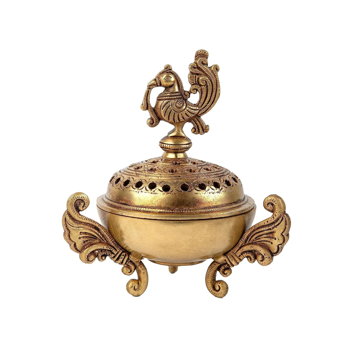 Brass peacock dhoop dani, 6 inch