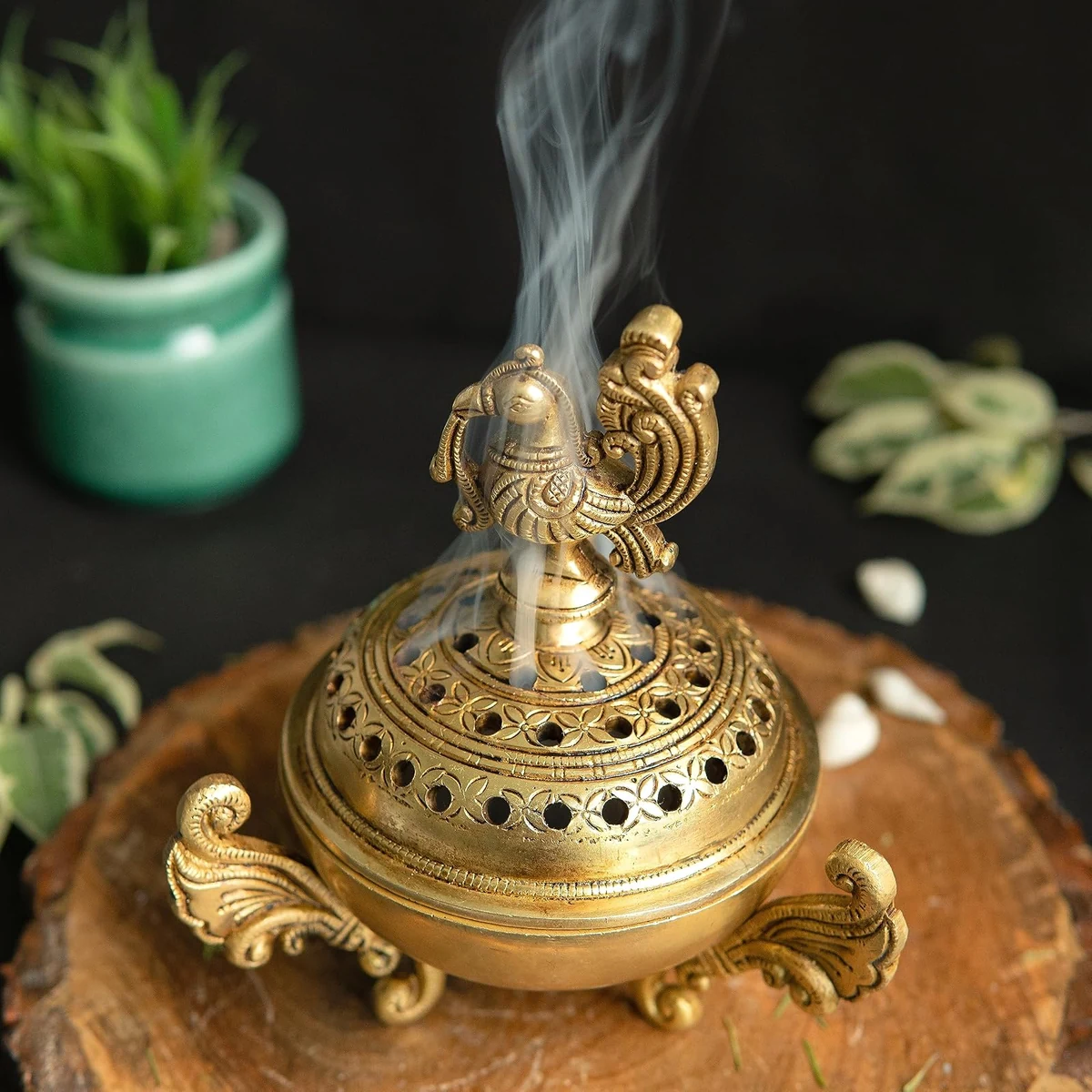Brass peacock dhoop dani, 6 inch, picture 2