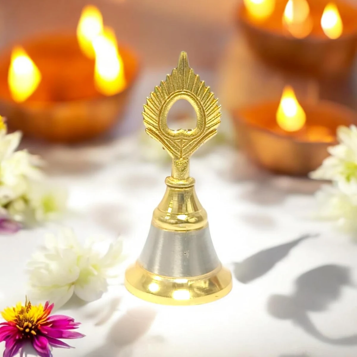 Brass puja bells, shankha chakra, set of two, picture 3