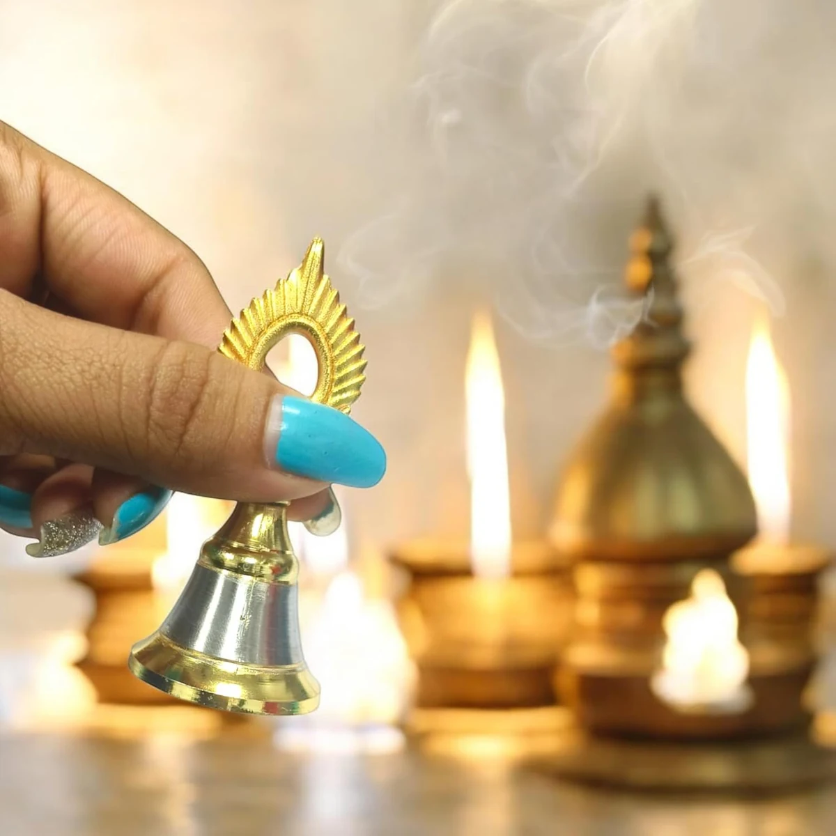 Brass puja bells, shankha chakra, set of two, picture 4