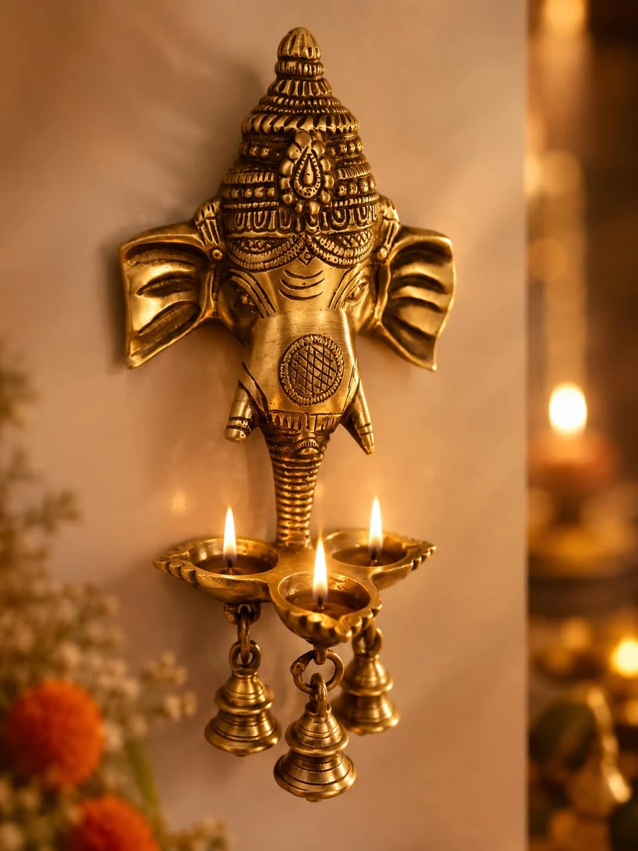 Brass Ganesha wall hanging diya with bells, picture 2