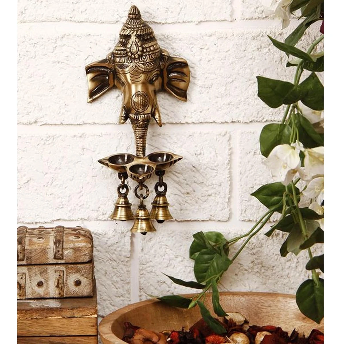 Brass Ganesha wall hanging diya with bells, picture 3