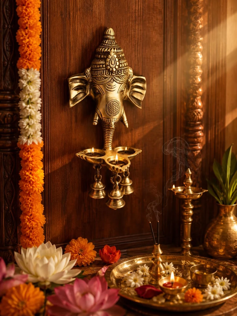 Brass Ganesha wall hanging diya with bells, picture 4