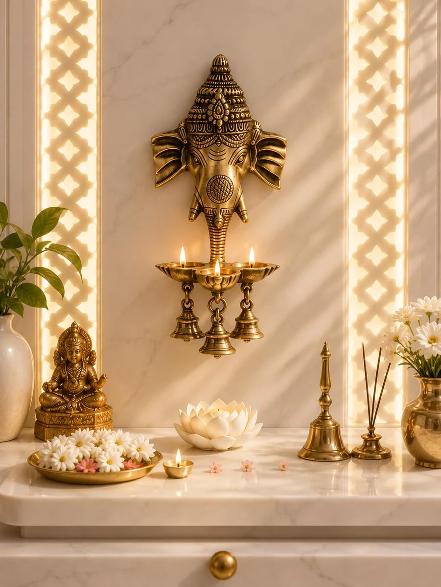 Brass Ganesha wall hanging diya with bells, picture 5