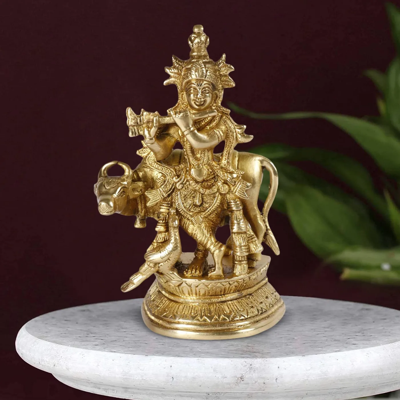 Krishna with cow, brass