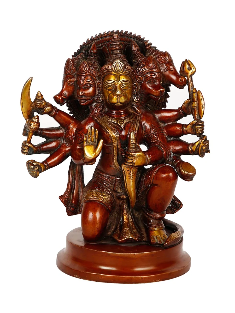 Panchmukhi Hanuman brass murti, 8.5 inch