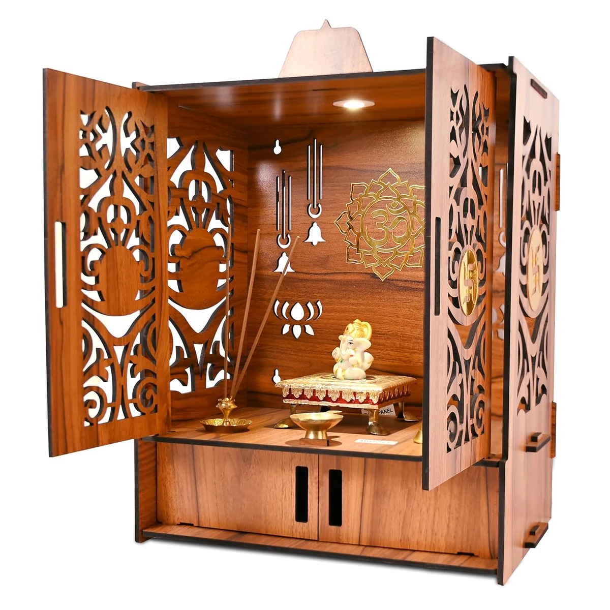 Wooden home mandir with doors and LED light