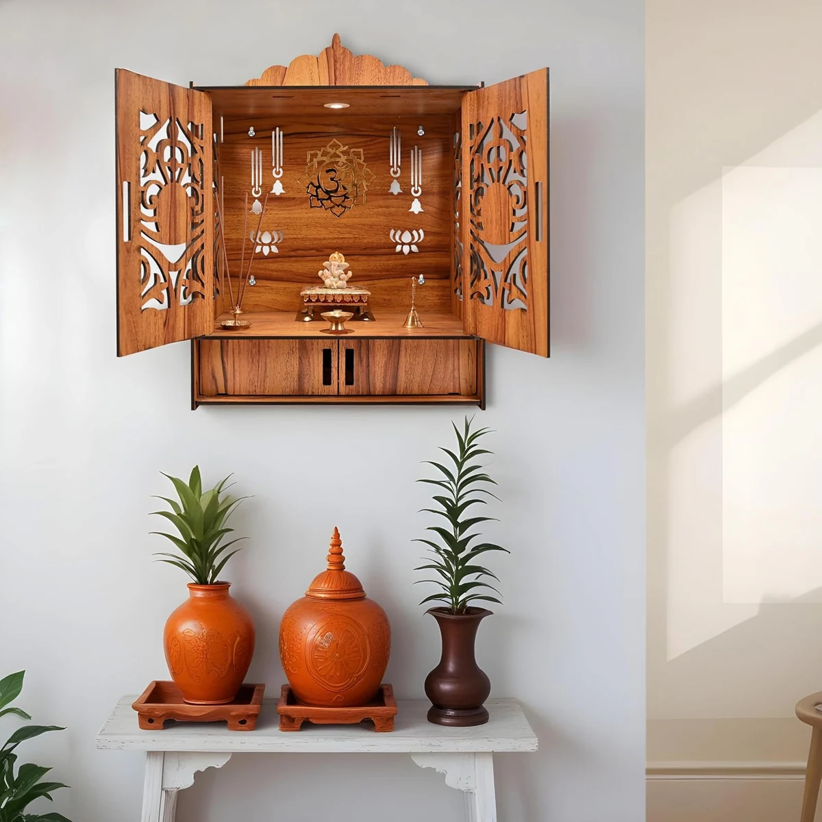 Wooden home mandir with doors and LED light, picture 2
