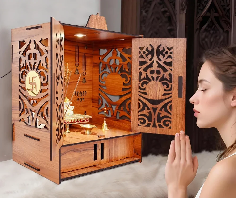 Wooden home mandir with doors and LED light, picture 3